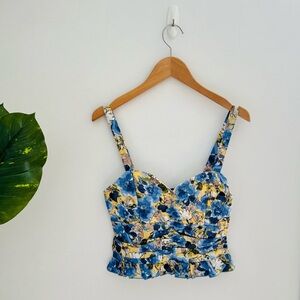 B.O.G COLLECTION | Blue & Yellow Floral Ruched Crop Tank Top Size Small